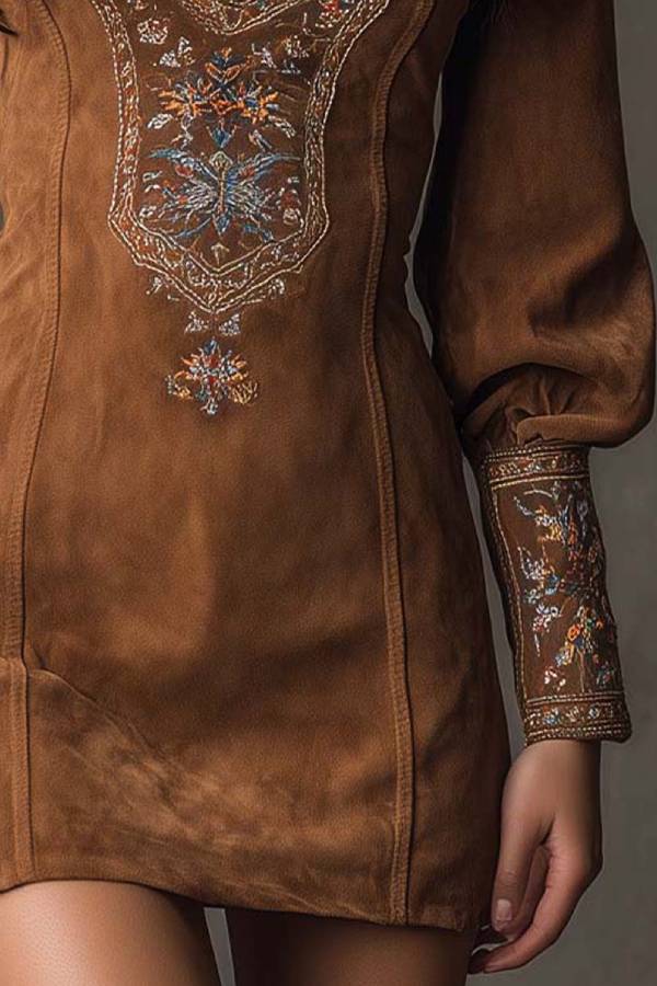 Vintage brown V-neck suede embroidered mini dress