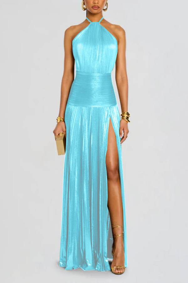 Shiny halter neck high slit long dress