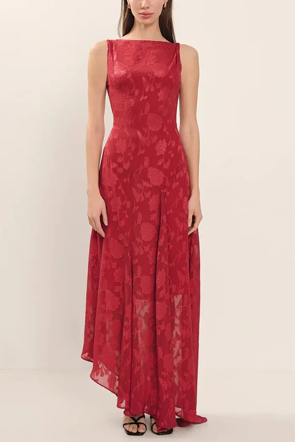 Fashion Jacquard Elegant Backless Lace-up Slim Irregular Maxi Dress