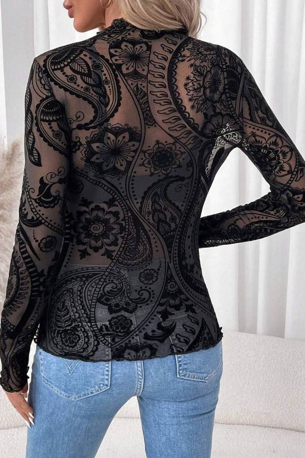 Half-high collar see-through lace pattern long-sleeved top