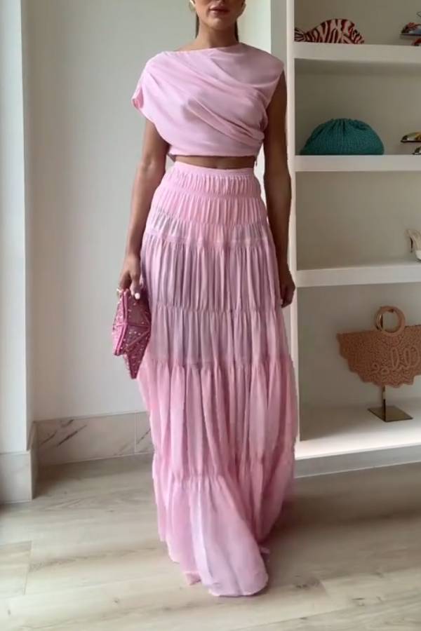 Stunning Chiffon Ruched Shoulder Short Sleeve Crop Top