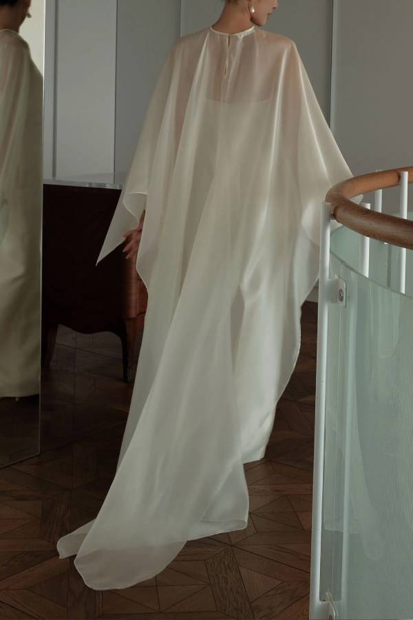 Elegant Sheer Cape Overlay Satin Maxi Dress
