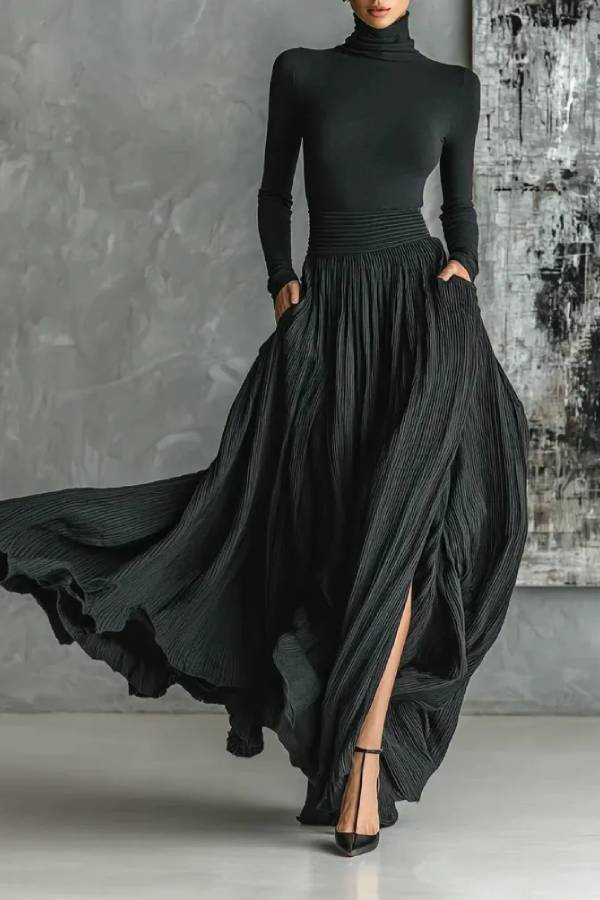 High-neck fitted pleated skirt