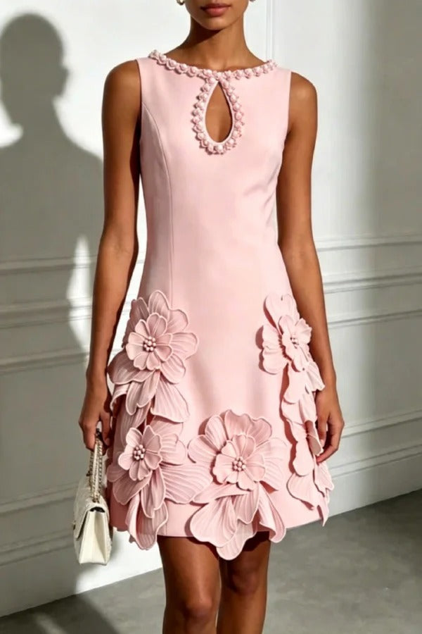 Delicate Silhouette Pearl Trim Cutout Neck Sleeveless 3D Florals Hem Mini Dress