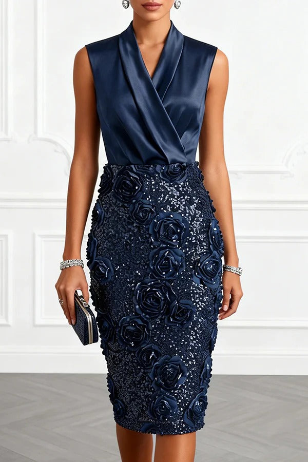 Isabele Satin Lapel V Neck Sleeveless 3D Floral Glitter Sequin Hem Sheath Midi Dress