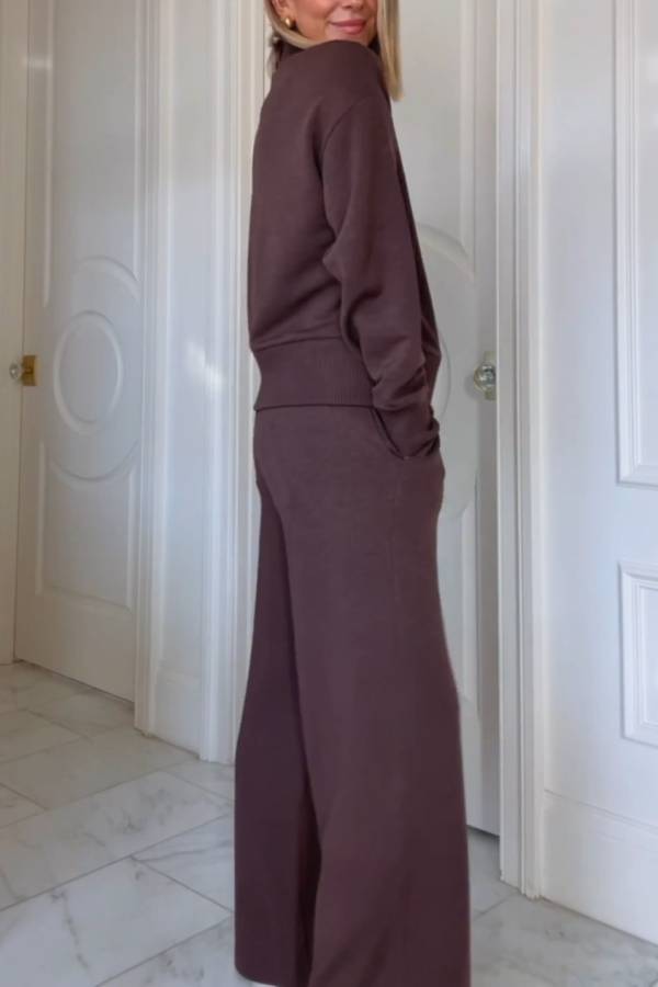 Brown half-zip casual sweatshirt and wide-leg pants set