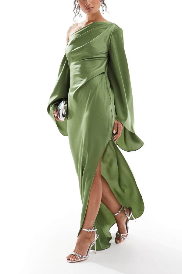 Zayla Satin Asymmetrical One Shoulder Bell Sleeve Slit Maxi Dress