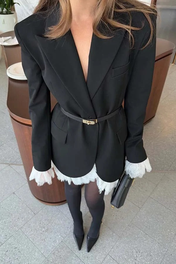 Cue The Chic Lace Trim Button Long Sleeve Lapel Blazer Mini Dress