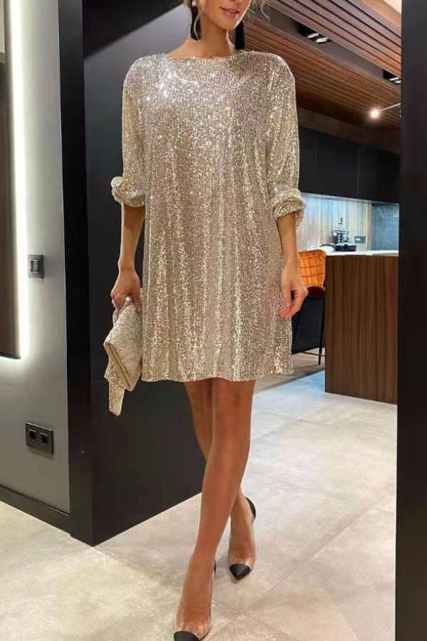 Sequined Tie-Waist Long-Sleeved Party Dress