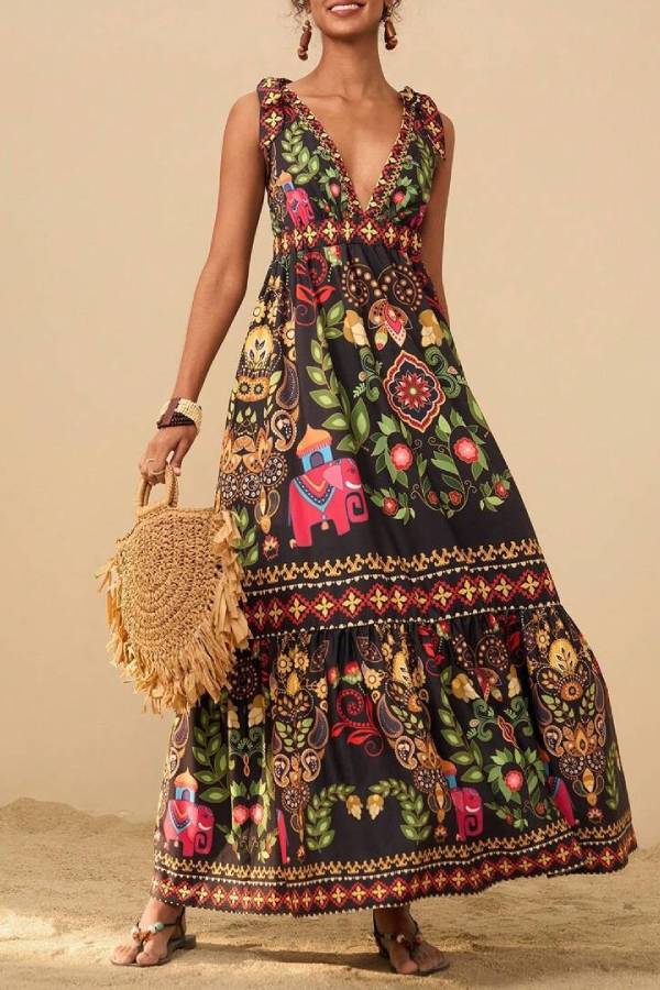 Bohemian Deep V Tie Print Long Swing Dress