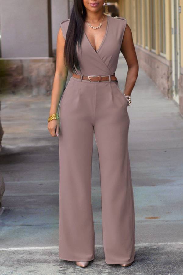 Deep V Sleeveless Waisted Wide-Leg Jumpsuit