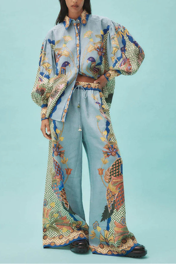 Smyrna Unique Heaven Bird Print Elastic Waist Pocketed Wide Leg Pants