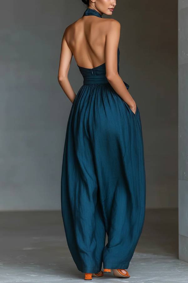 Halter Cross-Tie Waisted Wide-Leg Jumpsuit
