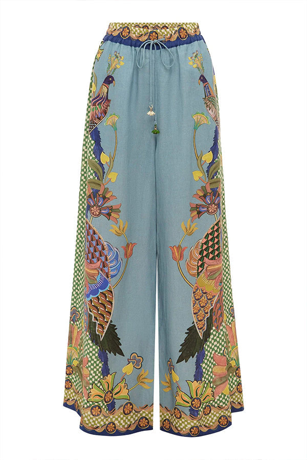 Smyrna Unique Heaven Bird Print Elastic Waist Pocketed Wide Leg Pants