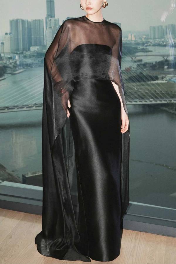 Elegant Sheer Cape Overlay Satin Maxi Dress