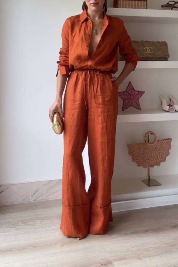 Two-piece set of linen loose-fitting wide-leg pants with shirt collar