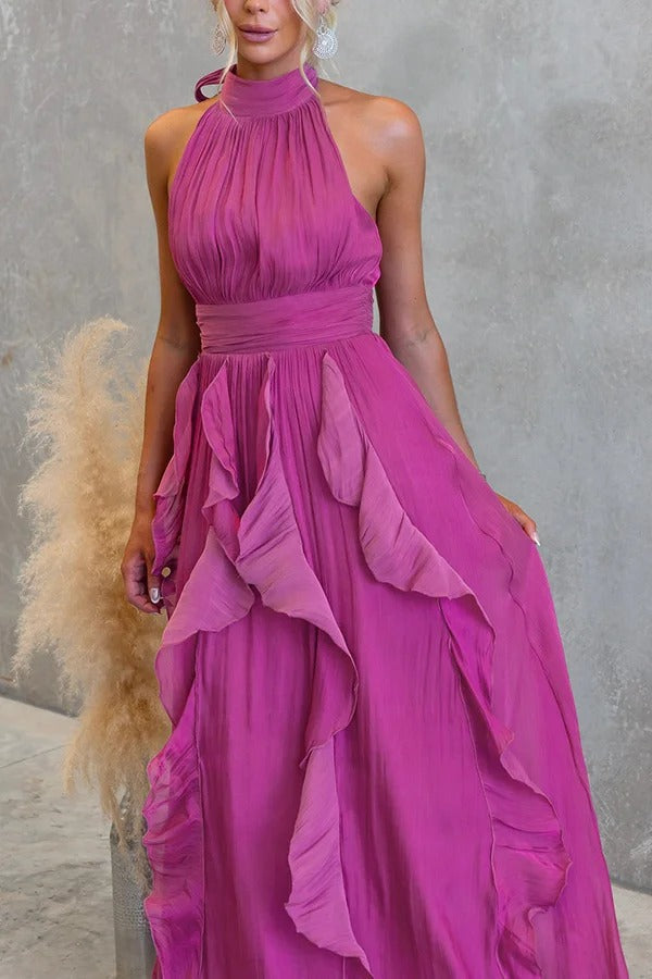 Coral Textured Metallic Chiffon Material High Tie Neck Ruffles Maxi Dress