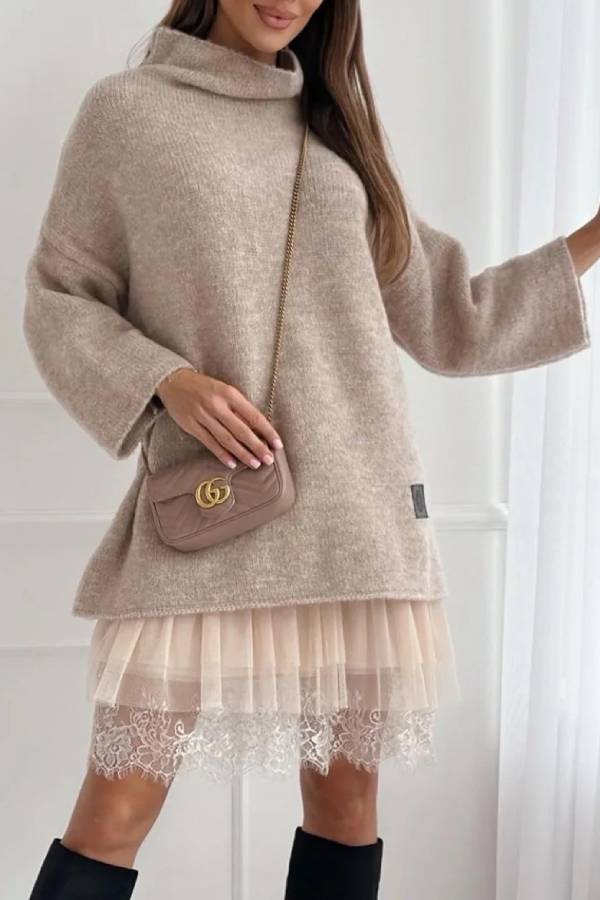 High-neck lace-trimmed long sweater
