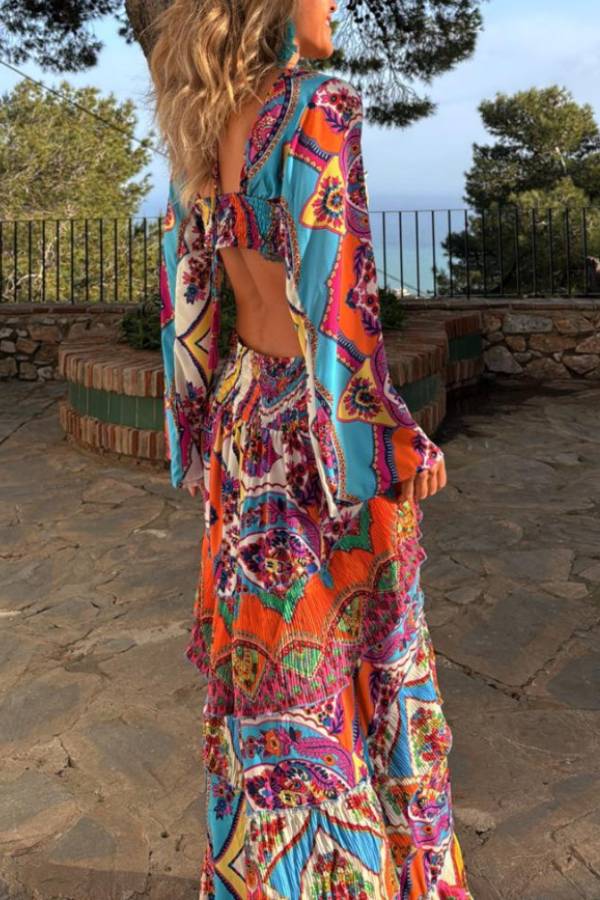 Colorful Day Unique Print Bell Sleeve Cutout Waist Layered Maxi Dress