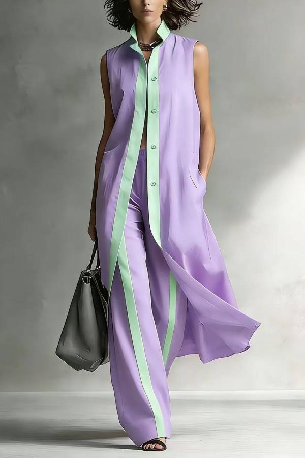 Color Block Trim Sleeveless Long Vest & Wide Leg Pants Two Piece Set