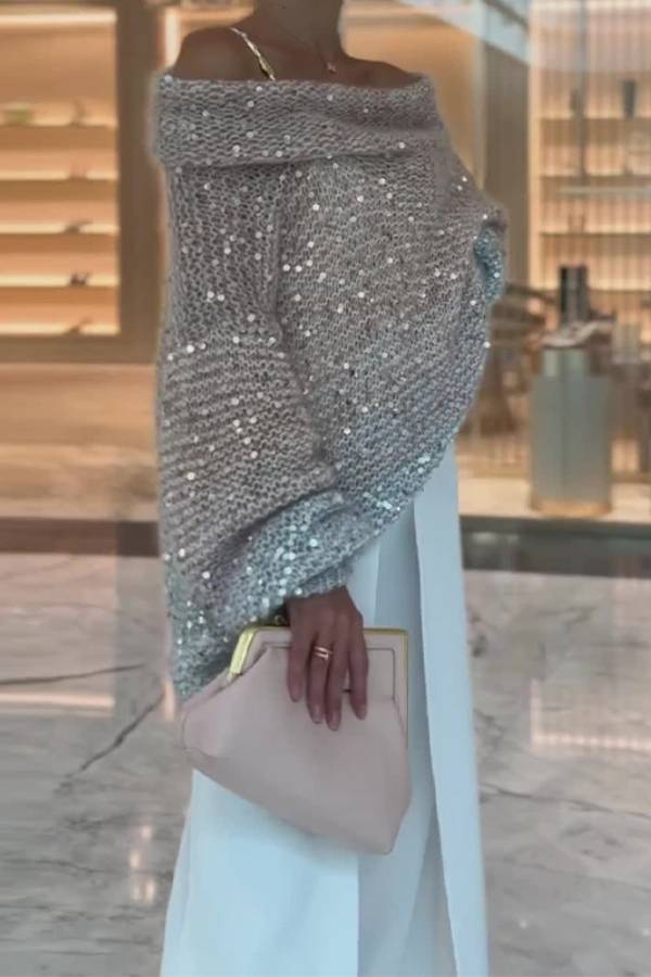 Sequined off-shoulder loose knit sweater