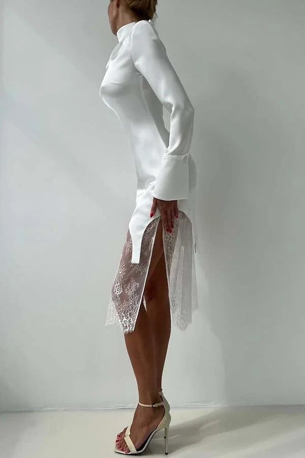 Melissa Satin High Neck Long Sleeve Curved Hem Top and Lace Midi Skirt Set