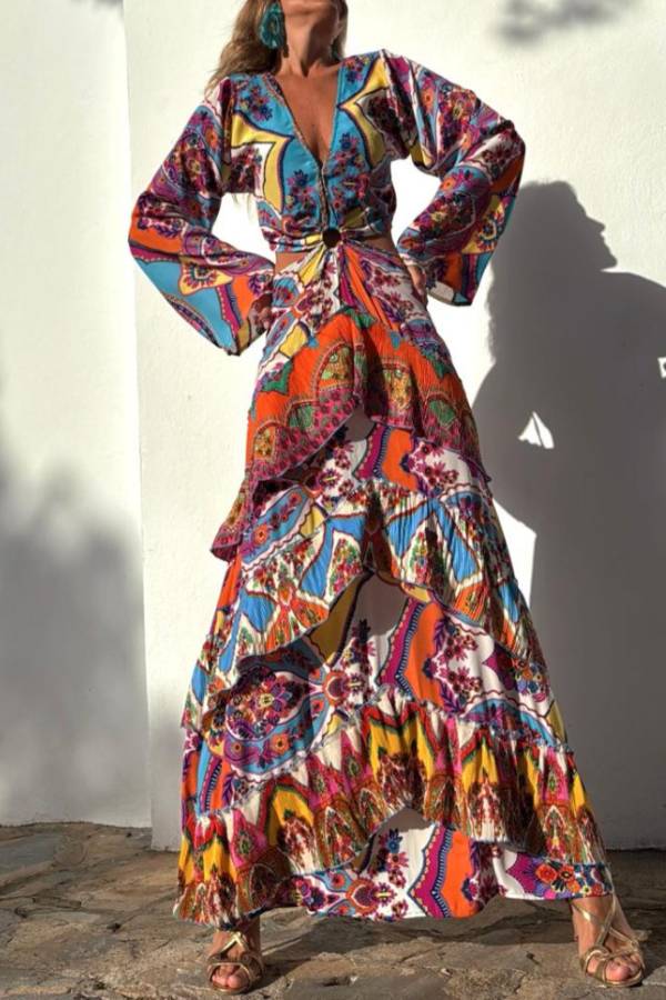 Colorful Day Unique Print Bell Sleeve Cutout Waist Layered Maxi Dress