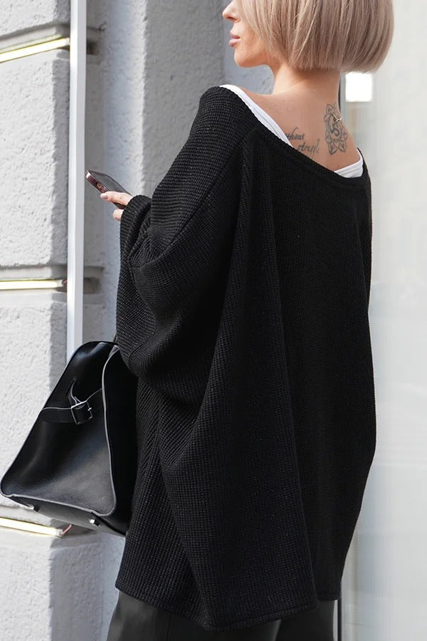 Warm Winter Ribbed Knit V-neck Batwing Sleeve Loose Relaxed Sweater