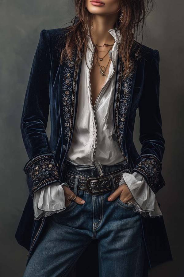 Vintage Navy Polyester Velvet Embroidered Long Jacket
