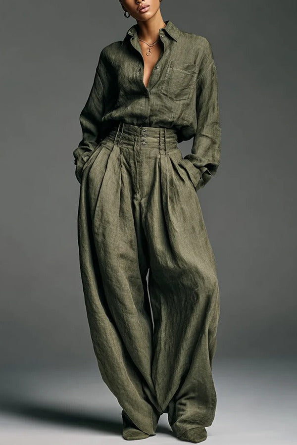 Linen Blend Lapel Long-sleeved Casual Shirt and High-waist Pocket Loose Wide-leg Pants Set
