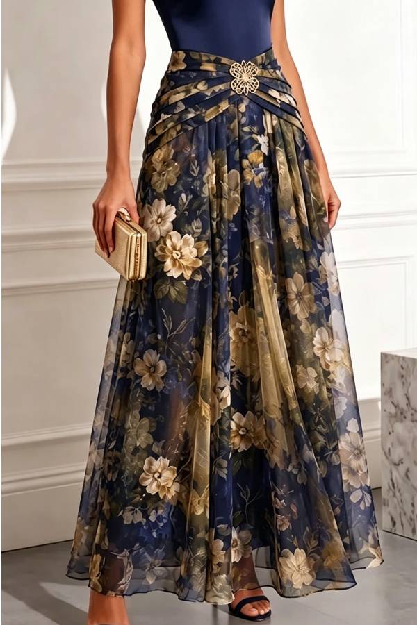 Prairie Satin High Neck Metallic Butterfly Detail Floral Tulle Hem Maxi Dress
