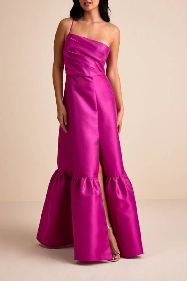 Letha Magenta Taffeta One-Shoulder Maxi Dress