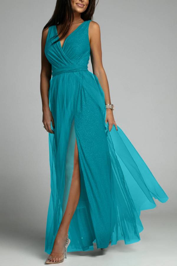 V-neck shiny high-slit long dress