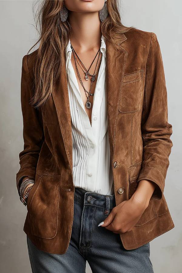 Suede lapel single-breasted suit jacket