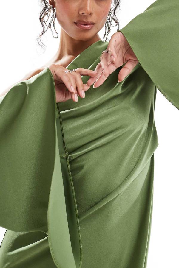 Zayla Satin Asymmetrical One Shoulder Bell Sleeve Slit Maxi Dress