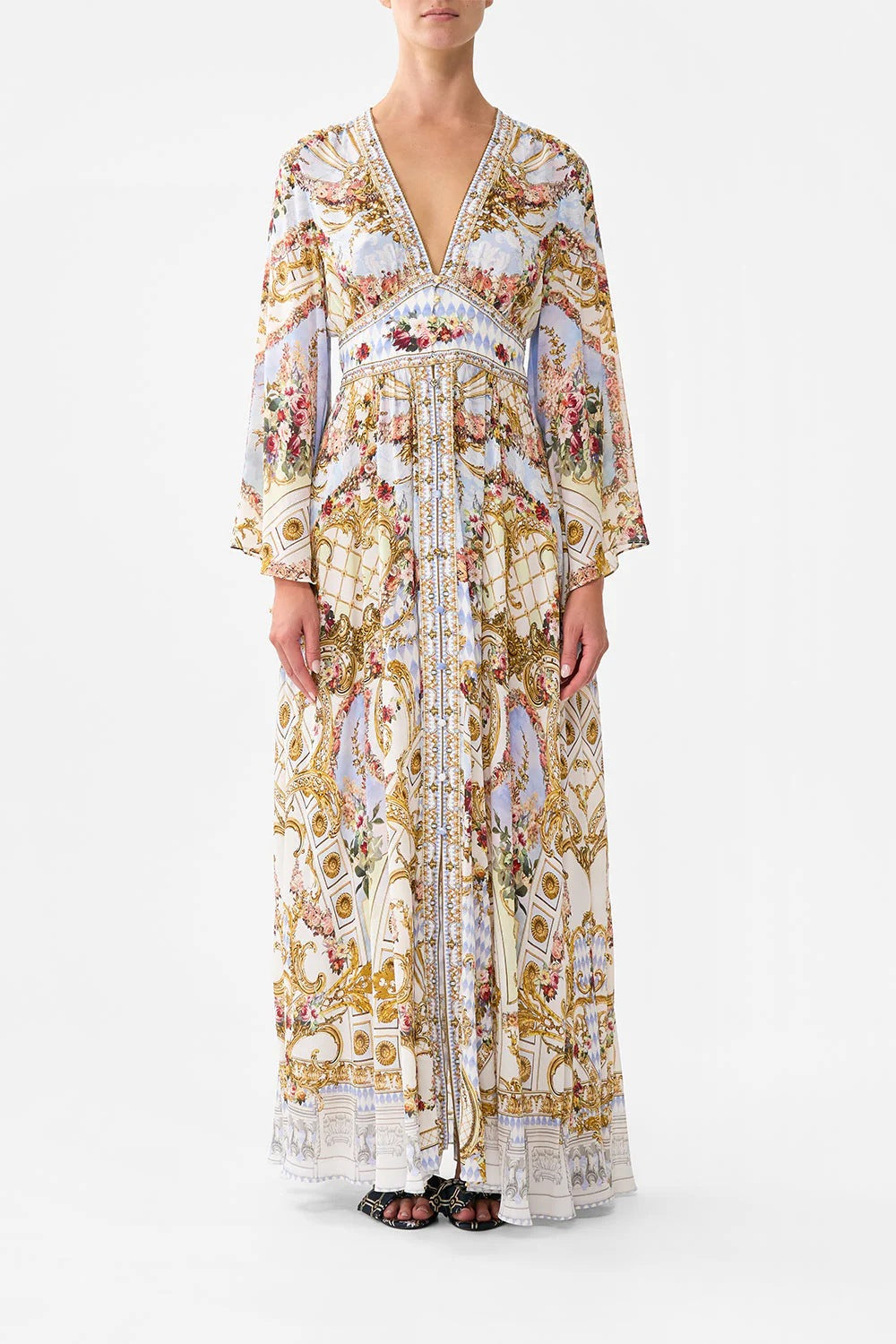 Art Print V-Neck Waisted Palace Style Maxi Dress