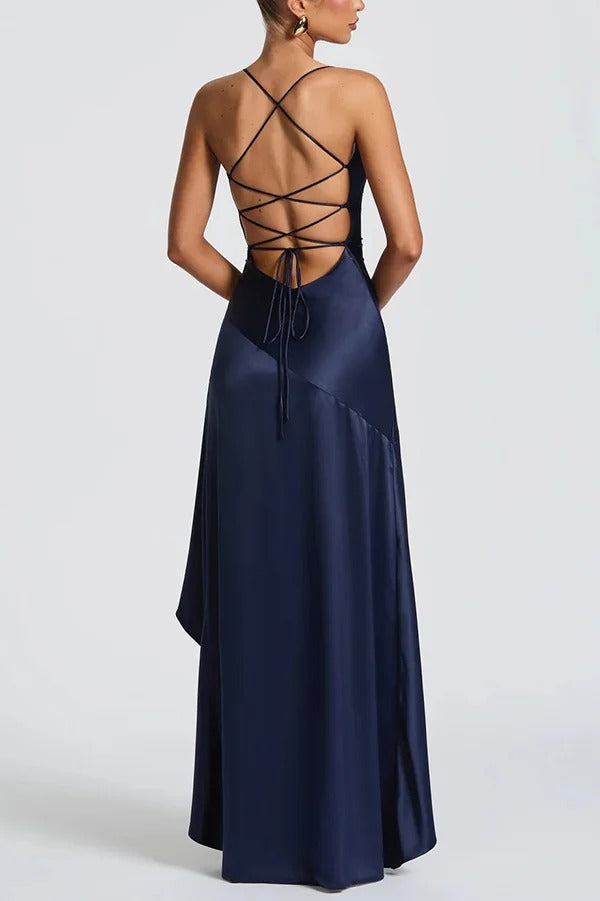 Solid Color Sexy Backless Lace-up Irregular Ruffled Maxi Dress