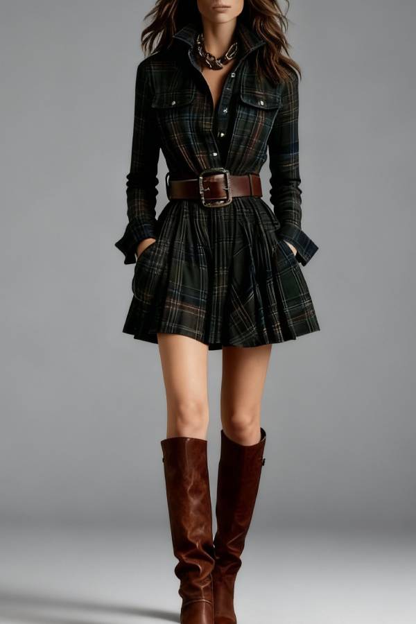 Vintage Lapel Red and Brown Plaid Mini Dress