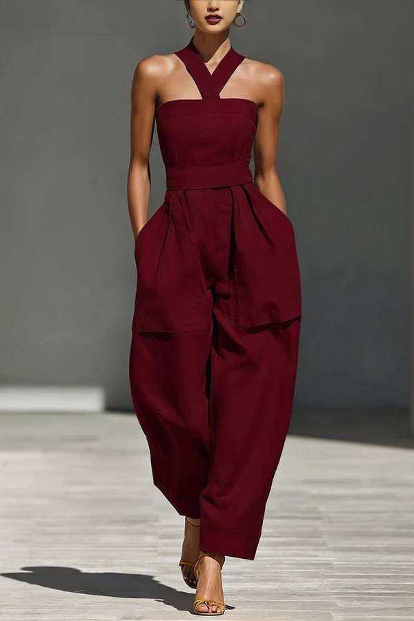 Cross Halter Bandeau Waistband Wide Leg Cargo Jumpsuit