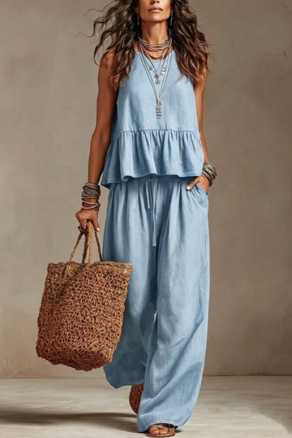 Sleeveless Ruffle Linen Top + Elastic Waist Wide-Leg Pants Set
