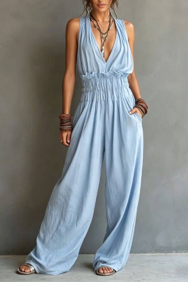 Bohemian Halter Deep V-Neck Smocked Waist Wide-Leg Jumpsuit