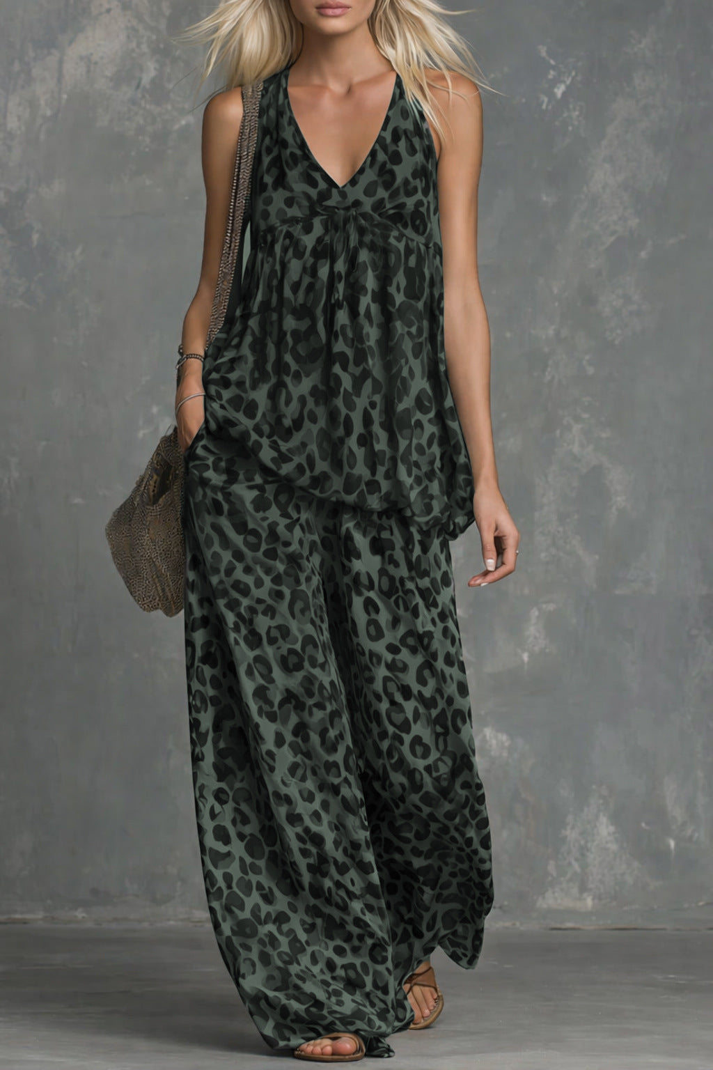 Leopard Print Halter Top & Wide Leg Pants Two-Piece Set