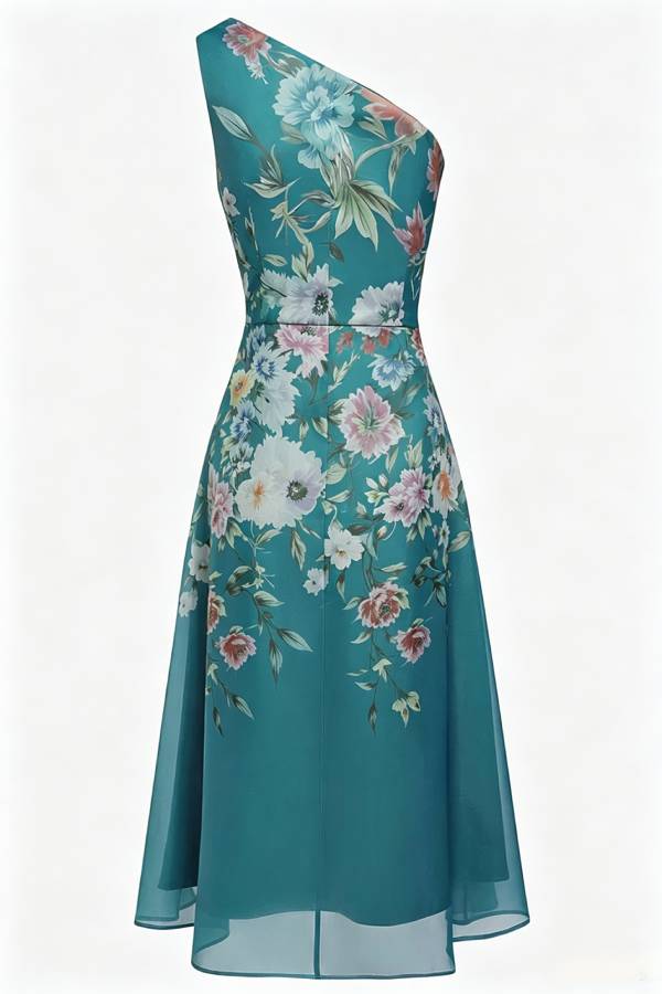 Darla Tulle Floral Ruched One Shoulder Sleeveless A-Line Midi Dress