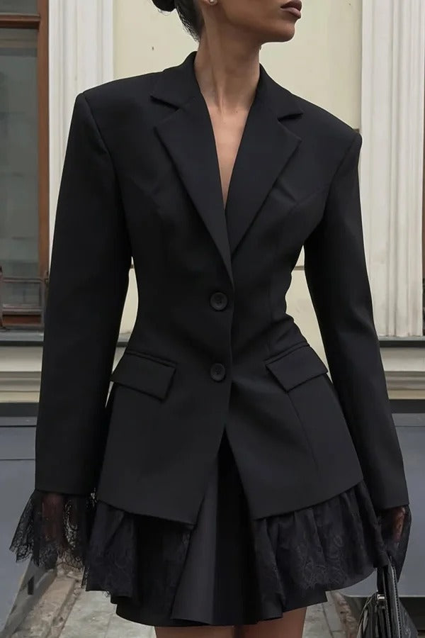 Solid Color Lace Panel Long Sleeve Button Elegant Blazer