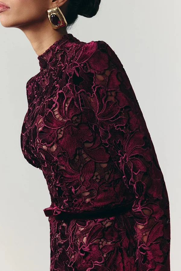 Diane Velvet Embroidered Floral Lace Long Sleeve Belt Scallop Edge Midi Dress