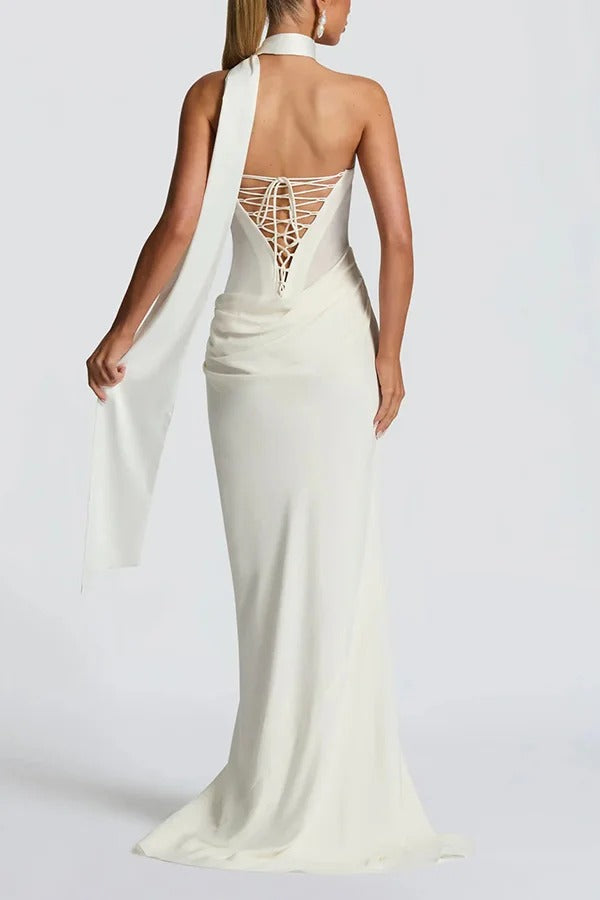 Liora Ruched Cowl Neck Sheer Mesh Waist Off Shoulder Scarf Maxi Dress