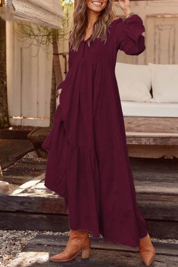 V-neck long-sleeved loose-fitting long skirt