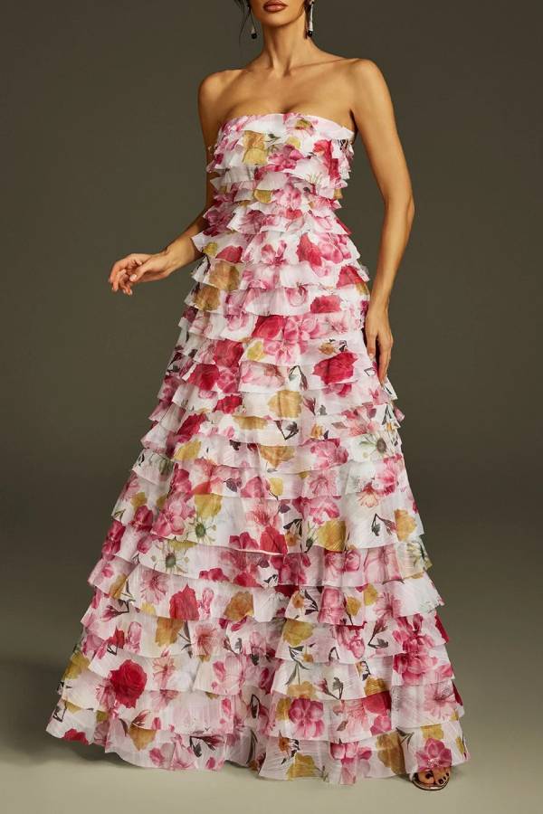 Solum Strapless Tiered Floral Maxi Dress