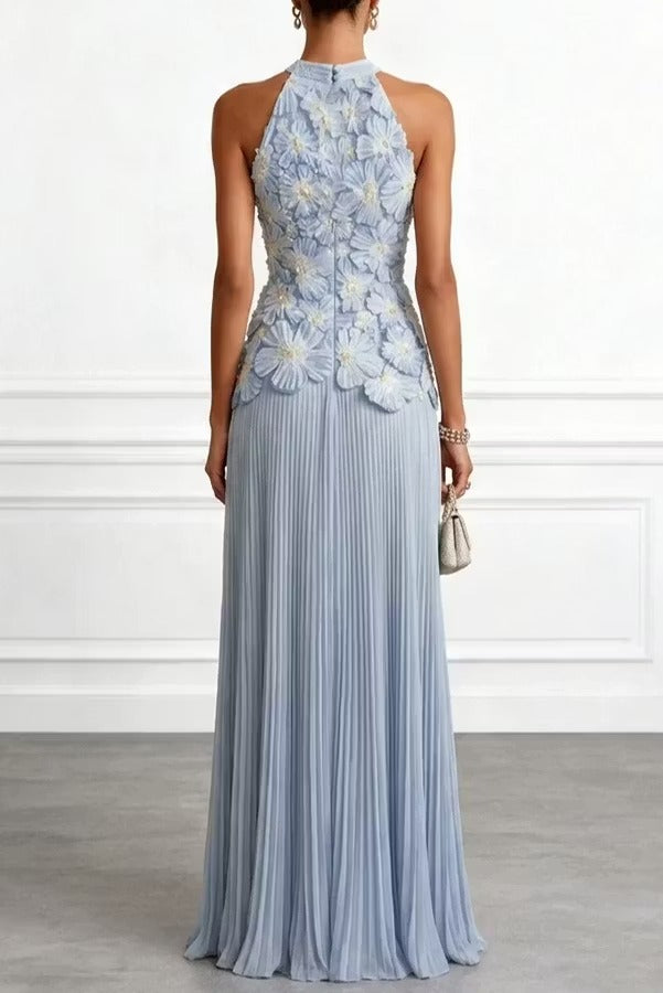 Emilie 3D Floral Embroidery Pleated Chiffon Hem Halter Neck Sleeveless Maxi Dress