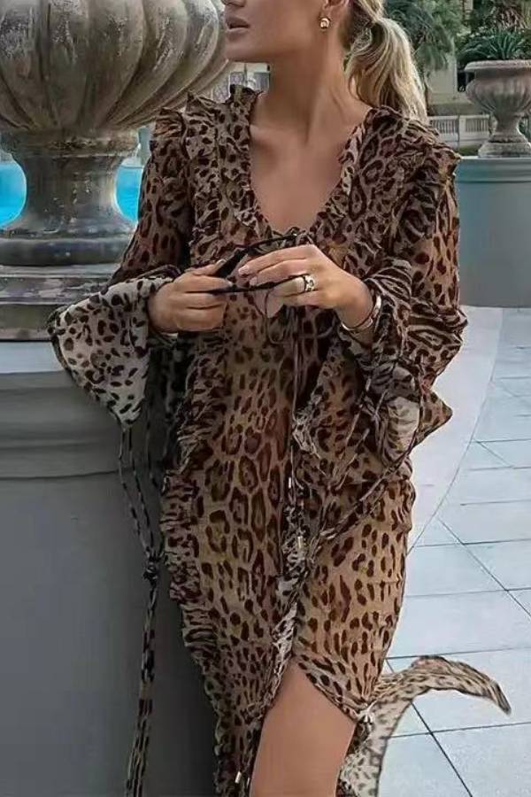 Wild leopard print ruffled hollow high slit long skirt